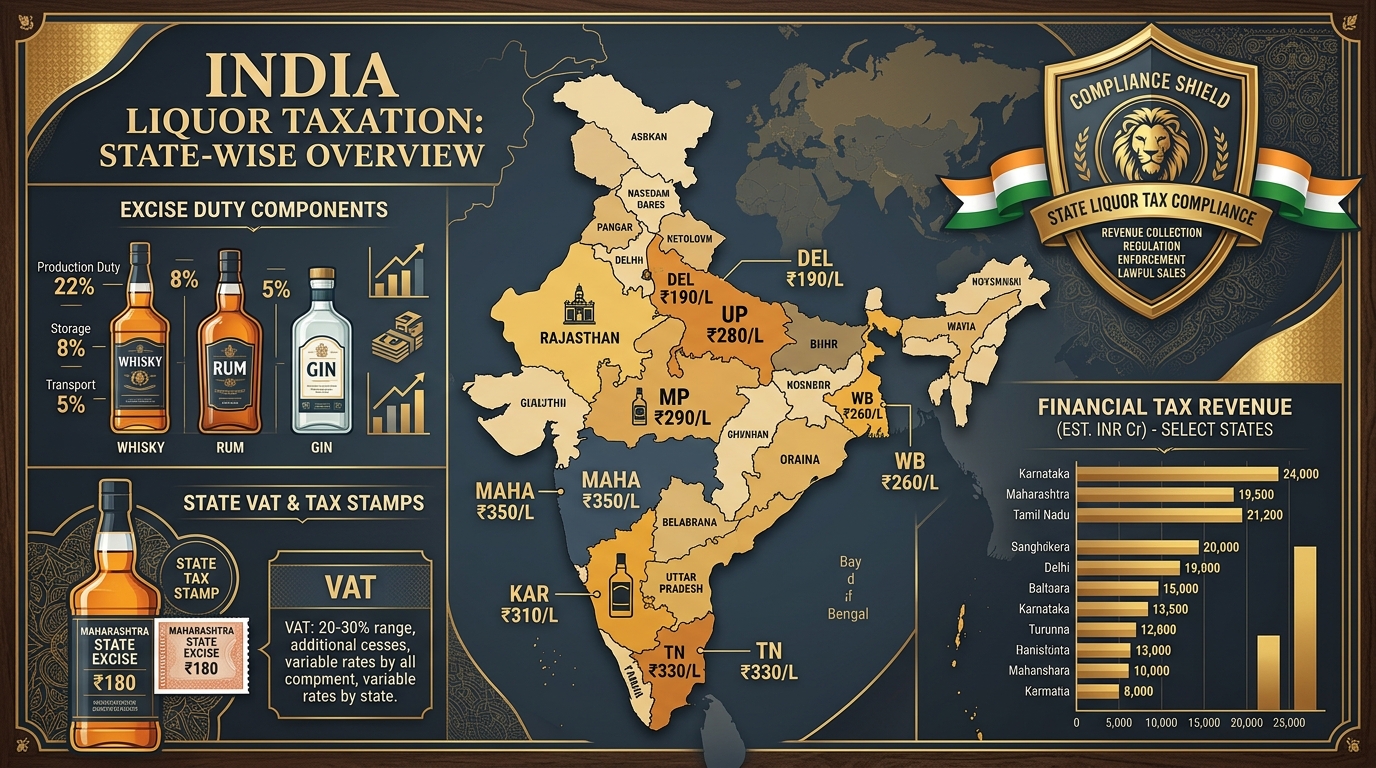 State-wise liquor taxation in India overview diagram showing excise duty, VAT stamps, and compliance framework