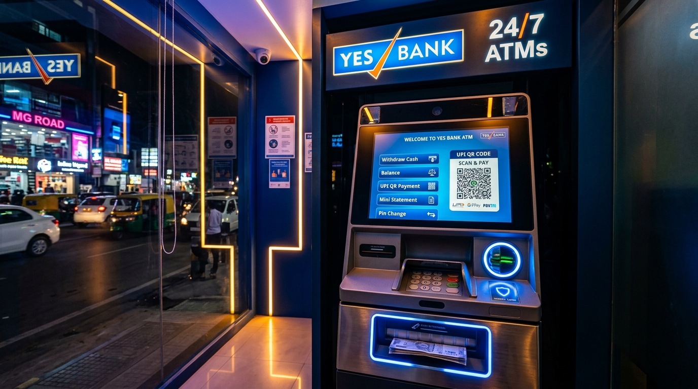 High-Tech Modern Automated Teller Machine ATM Kiosk with Touchscreen Display and UPI QR Code